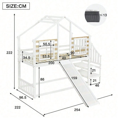 Etagenbett, Holzbett mit Treppe und Gitter, mit Rutsche und Fenster, Blockhaus Kinderbett mit Absturzsicherung, Bettrahmen aus Massivholz, Weiß(90x200 cm)