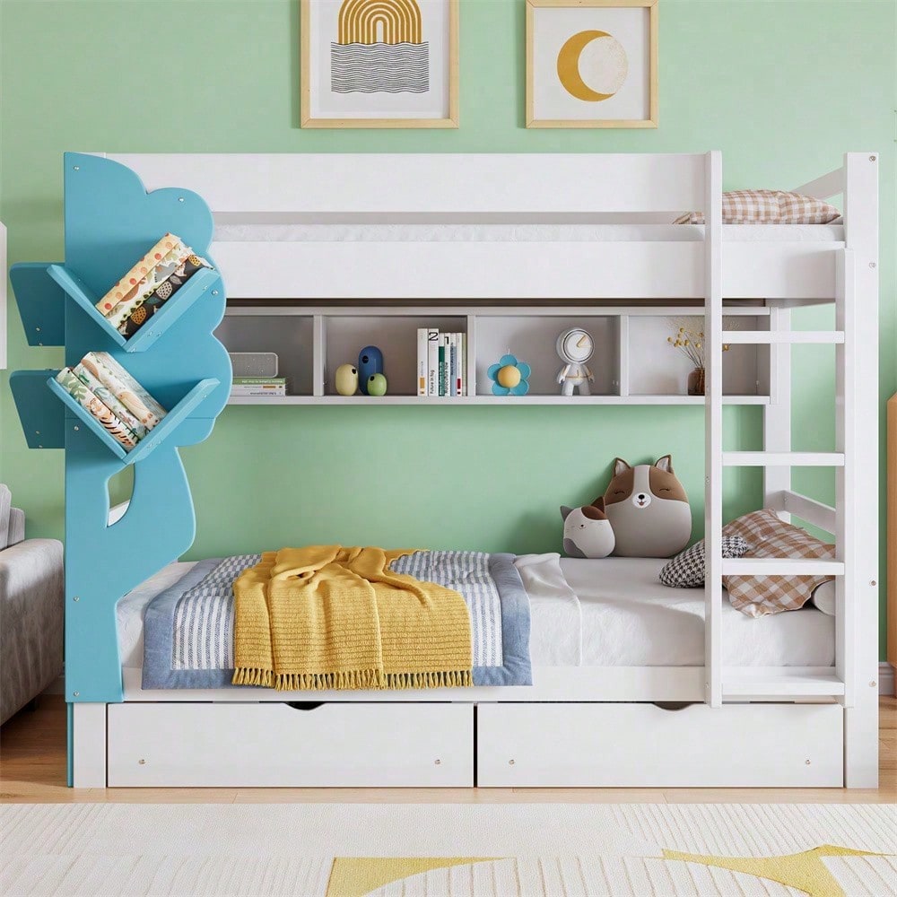 Etagenbett, Kreatives Kinderbett, Bücherregal in Baumform, Offenes Regal, Zwei Schubladen mit Rollen, Mit Fallschutzgitter, Reichlich Stauraum, Kiefer+MDF, Weiß+Blau, 90x200cm