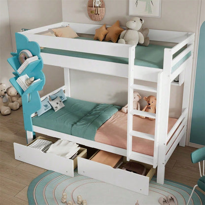 Etagenbett, Kreatives Kinderbett, Bücherregal in Baumform, Offenes Regal, Zwei Schubladen mit Rollen, Mit Fallschutzgitter, Reichlich Stauraum, Kiefer+MDF, Weiß+Blau, 90x200cm