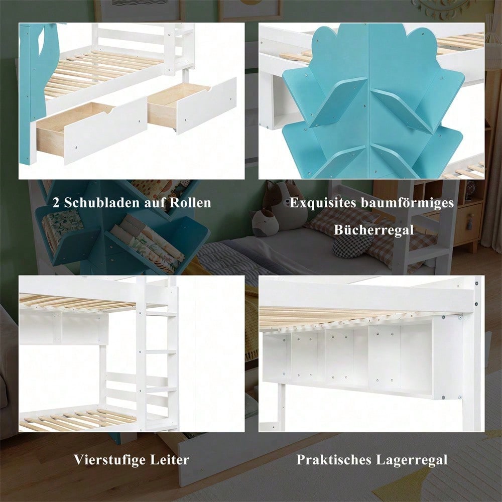 Etagenbett, Kreatives Kinderbett, Bücherregal in Baumform, Offenes Regal, Zwei Schubladen mit Rollen, Mit Fallschutzgitter, Reichlich Stauraum, Kiefer+MDF, Weiß+Blau, 90x200cm