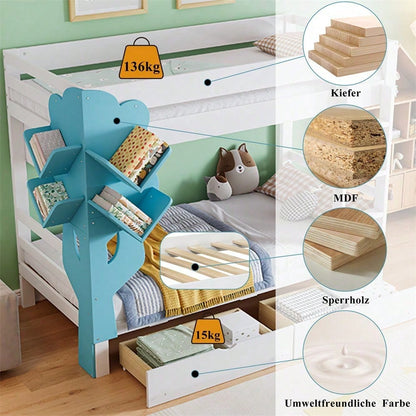 Etagenbett, Kreatives Kinderbett, Bücherregal in Baumform, Offenes Regal, Zwei Schubladen mit Rollen, Mit Fallschutzgitter, Reichlich Stauraum, Kiefer+MDF, Weiß+Blau, 90x200cm