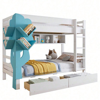 Etagenbett, Kreatives Kinderbett, Bücherregal in Baumform, Offenes Regal, Zwei Schubladen mit Rollen, Mit Fallschutzgitter, Reichlich Stauraum, Kiefer+MDF, Weiß+Blau, 90x200cm