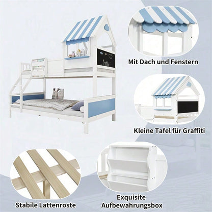 Etagenbett, Kinderbett, mit Stauraumkasten, mit dreistufiger Schrägleiter, einzigartige Fensterform, Graffiti-Tafel an der Seite, Kiefer + MDF, weiß + blau, 90x200cm & 120x200cm