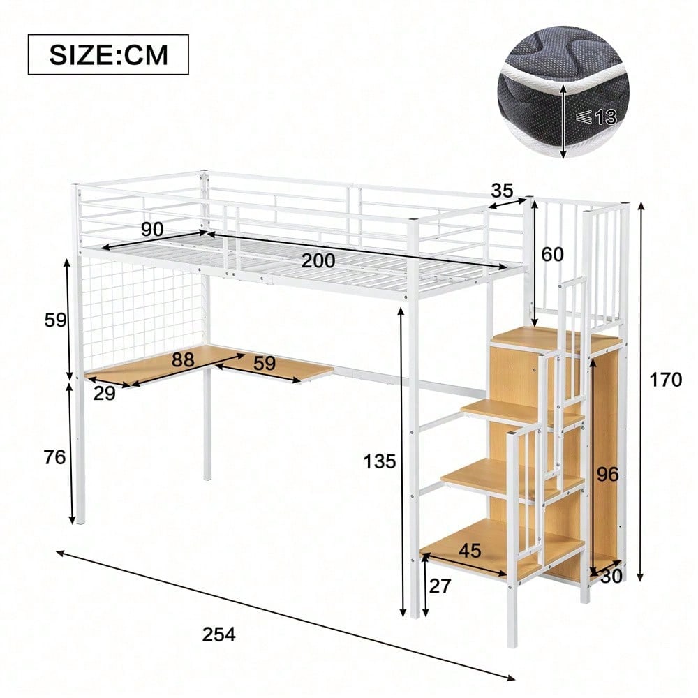 Eisenbett, Etagenbett, Hochbett, Geeignet für Kinder und Jugendliche, mit Tisch und Kleiderschrank, Seitenleiter mit Handlauf, Eisen+Spanplatte, Weiß+Natur, 90x200cm