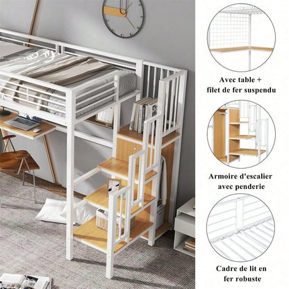Eisenbett, Etagenbett, Hochbett, Geeignet für Kinder und Jugendliche, mit Tisch und Kleiderschrank, Seitenleiter mit Handlauf, Eisen+Spanplatte, Weiß+Natur, 90x200cm