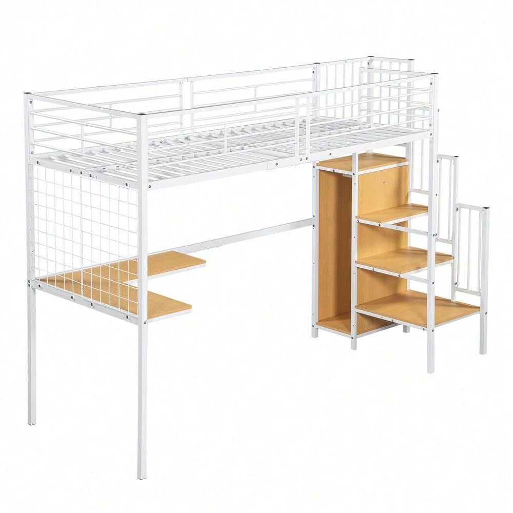 Eisenbett, Etagenbett, Hochbett, Geeignet für Kinder und Jugendliche, mit Tisch und Kleiderschrank, Seitenleiter mit Handlauf, Eisen+Spanplatte, Weiß+Natur, 90x200cm