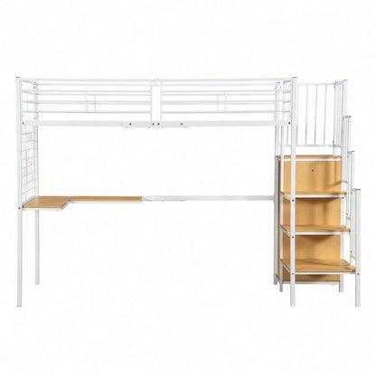 Eisenbett, Etagenbett, Hochbett, Geeignet für Kinder und Jugendliche, mit Tisch und Kleiderschrank, Seitenleiter mit Handlauf, Eisen+Spanplatte, Weiß+Natur, 90x200cm