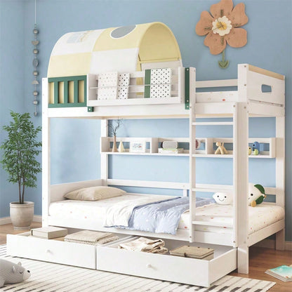 Etagenbett, Hausbett, Kinderbett, Oberes Etagenbett mit kleinem Zelt, mit Fallschutz und Gitter, Mit vierstufiger Leiter, Zwei Schubladen mit Rollen, Kiefer+MDF, Weiß+Gelb Grün, 90x200cm