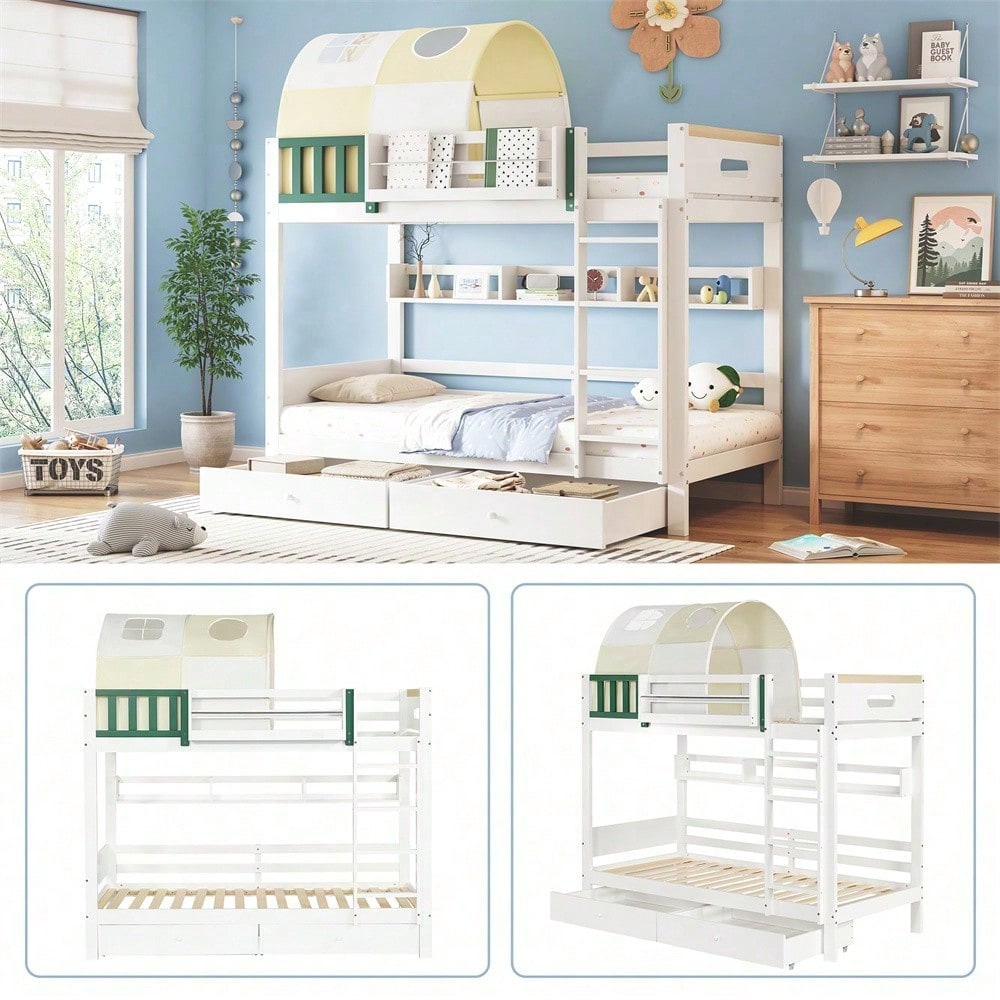 Etagenbett, Hausbett, Kinderbett, Oberes Etagenbett mit kleinem Zelt, mit Fallschutz und Gitter, Mit vierstufiger Leiter, Zwei Schubladen mit Rollen, Kiefer+MDF, Weiß+Gelb Grün, 90x200cm