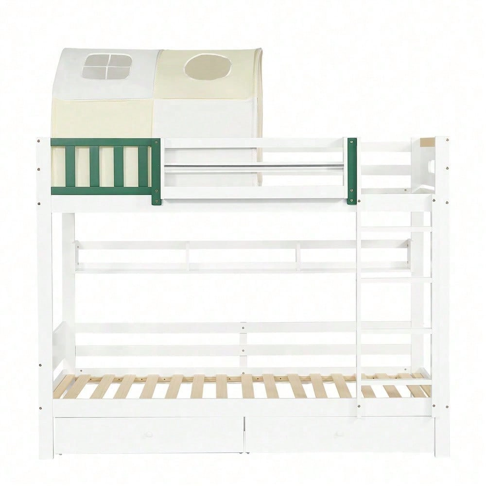 Etagenbett, Hausbett, Kinderbett, Oberes Etagenbett mit kleinem Zelt, mit Fallschutz und Gitter, Mit vierstufiger Leiter, Zwei Schubladen mit Rollen, Kiefer+MDF, Weiß+Gelb Grün, 90x200cm