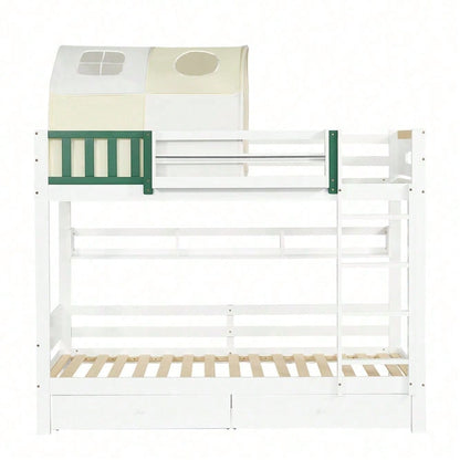 Etagenbett, Hausbett, Kinderbett, Oberes Etagenbett mit kleinem Zelt, mit Fallschutz und Gitter, Mit vierstufiger Leiter, Zwei Schubladen mit Rollen, Kiefer+MDF, Weiß+Gelb Grün, 90x200cm