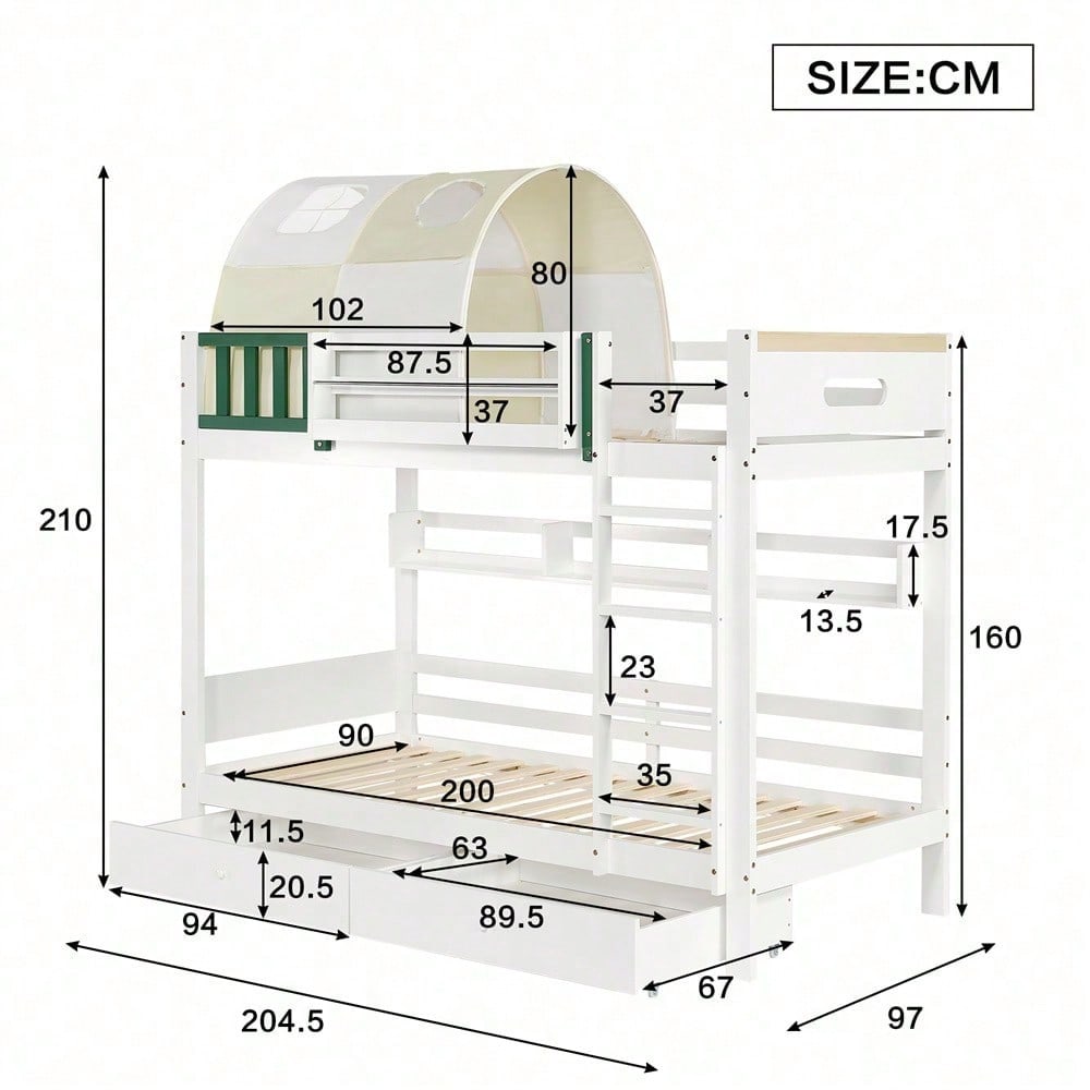 Etagenbett, Hausbett, Kinderbett, Oberes Etagenbett mit kleinem Zelt, mit Fallschutz und Gitter, Mit vierstufiger Leiter, Zwei Schubladen mit Rollen, Kiefer+MDF, Weiß+Gelb Grün, 90x200cm