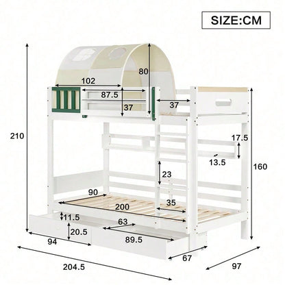 Etagenbett, Hausbett, Kinderbett, Oberes Etagenbett mit kleinem Zelt, mit Fallschutz und Gitter, Mit vierstufiger Leiter, Zwei Schubladen mit Rollen, Kiefer+MDF, Weiß+Gelb Grün, 90x200cm