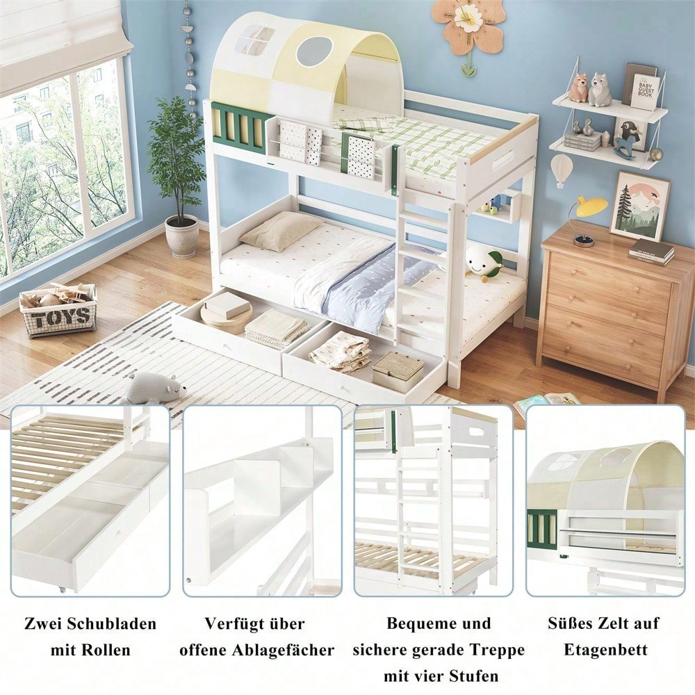 Etagenbett, Hausbett, Kinderbett, Oberes Etagenbett mit kleinem Zelt, mit Fallschutz und Gitter, Mit vierstufiger Leiter, Zwei Schubladen mit Rollen, Kiefer+MDF, Weiß+Gelb Grün, 90x200cm