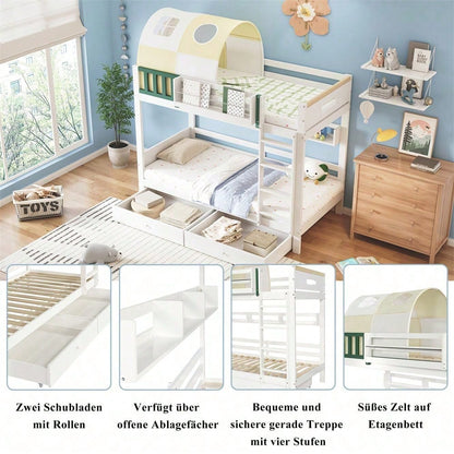 Etagenbett, Hausbett, Kinderbett, Oberes Etagenbett mit kleinem Zelt, mit Fallschutz und Gitter, Mit vierstufiger Leiter, Zwei Schubladen mit Rollen, Kiefer+MDF, Weiß+Gelb Grün, 90x200cm