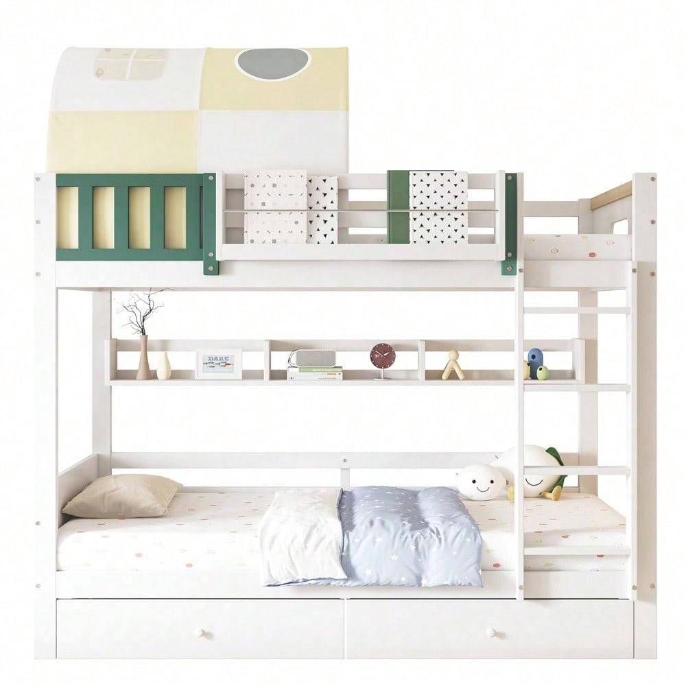 Etagenbett, Hausbett, Kinderbett, Oberes Etagenbett mit kleinem Zelt, mit Fallschutz und Gitter, Mit vierstufiger Leiter, Zwei Schubladen mit Rollen, Kiefer+MDF, Weiß+Gelb Grün, 90x200cm