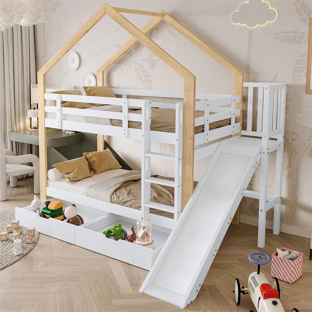 Etagenbett mit Rutsche und dreistufiger Winkelaufstiegsleiter, Hausbett mit mit Absturzsicherung und 2 Schubladen, Bettrahmen aus Massivholz, Weiß+Natur, 90x200cm
