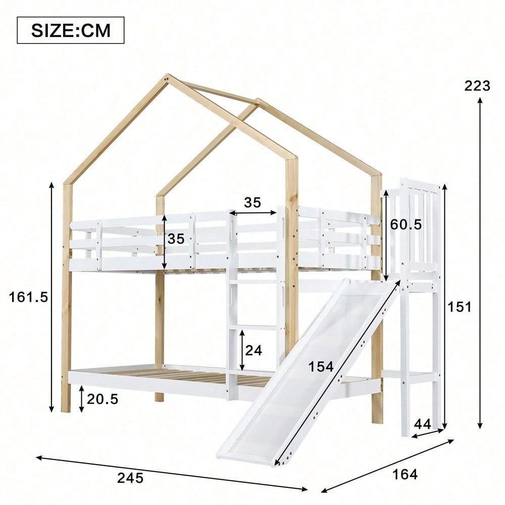 Etagenbett mit Rutsche und dreistufiger Winkelaufstiegsleiter, Hausbett mit mit Absturzsicherung und 2 Schubladen, Bettrahmen aus Massivholz, Weiß+Natur, 90x200cm