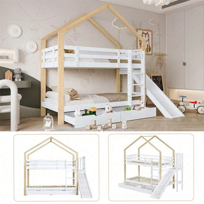 Etagenbett mit Rutsche und dreistufiger Winkelaufstiegsleiter, Hausbett mit mit Absturzsicherung und 2 Schubladen, Bettrahmen aus Massivholz, Weiß+Natur, 90x200cm