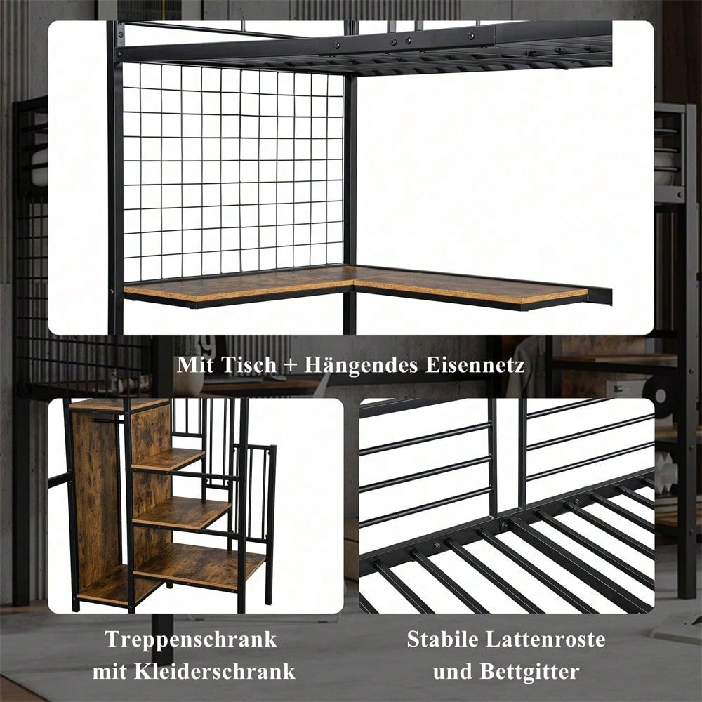 Eisenbett, Etagenbett, Hochbett, Geeignet für Kinder und Jugendliche, mit Tisch und Kleiderschrank, Seitenleiter mit Handlauf, Eisen+Spanplatte, Schwarz+dunkle Holzfarbe, 90x200cm