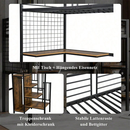 Eisenbett, Etagenbett, Hochbett, Geeignet für Kinder und Jugendliche, mit Tisch und Kleiderschrank, Seitenleiter mit Handlauf, Eisen+Spanplatte, Schwarz+dunkle Holzfarbe, 90x200cm