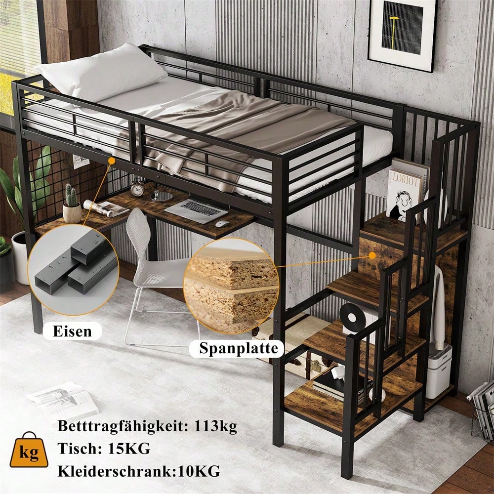 Eisenbett, Etagenbett, Hochbett, Geeignet für Kinder und Jugendliche, mit Tisch und Kleiderschrank, Seitenleiter mit Handlauf, Eisen+Spanplatte, Schwarz+dunkle Holzfarbe, 90x200cm