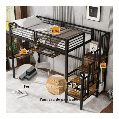 Eisenbett, Etagenbett, Hochbett, Geeignet für Kinder und Jugendliche, mit Tisch und Kleiderschrank, Seitenleiter mit Handlauf, Eisen+Spanplatte, Schwarz+dunkle Holzfarbe, 90x200cm