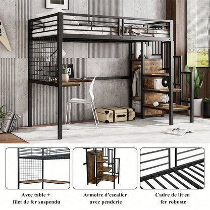 Eisenbett, Etagenbett, Hochbett, Geeignet für Kinder und Jugendliche, mit Tisch und Kleiderschrank, Seitenleiter mit Handlauf, Eisen+Spanplatte, Schwarz+dunkle Holzfarbe, 90x200cm