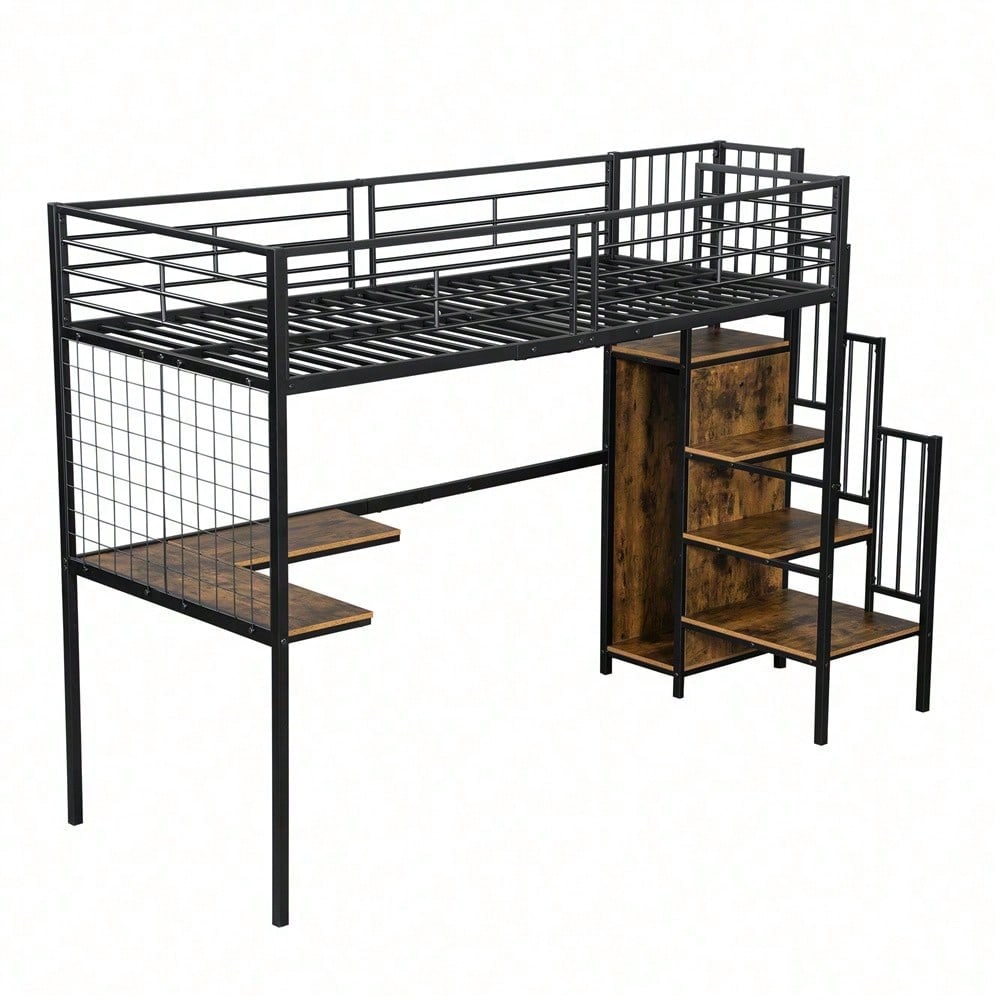 Eisenbett, Etagenbett, Hochbett, Geeignet für Kinder und Jugendliche, mit Tisch und Kleiderschrank, Seitenleiter mit Handlauf, Eisen+Spanplatte, Schwarz+dunkle Holzfarbe, 90x200cm
