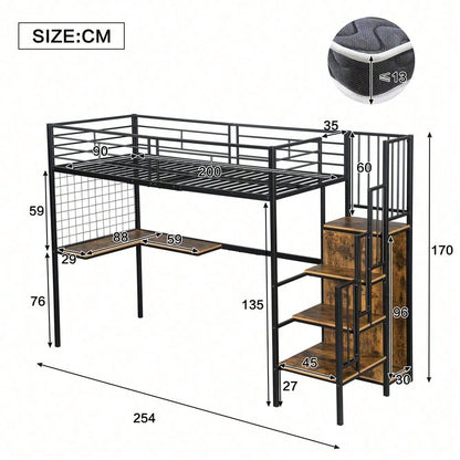Eisenbett, Etagenbett, Hochbett, Geeignet für Kinder und Jugendliche, mit Tisch und Kleiderschrank, Seitenleiter mit Handlauf, Eisen+Spanplatte, Schwarz+dunkle Holzfarbe, 90x200cm