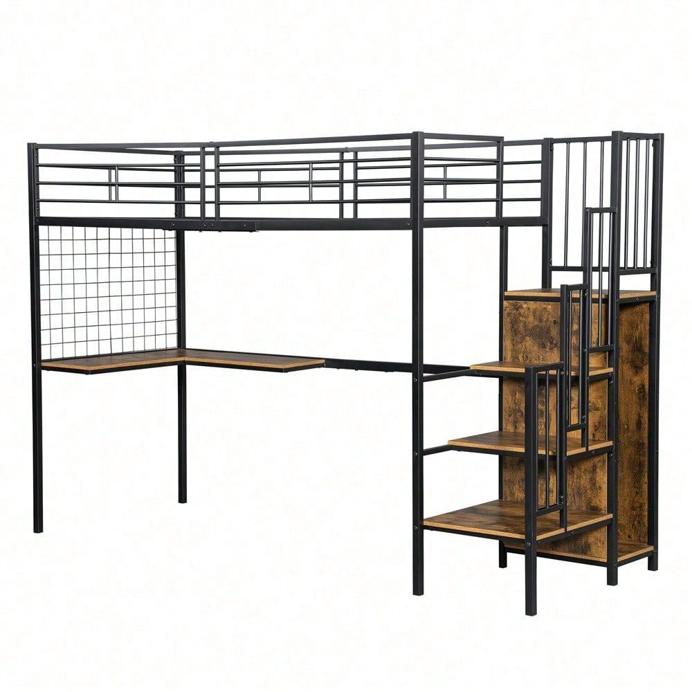 Eisenbett, Etagenbett, Hochbett, Geeignet für Kinder und Jugendliche, mit Tisch und Kleiderschrank, Seitenleiter mit Handlauf, Eisen+Spanplatte, Schwarz+dunkle Holzfarbe, 90x200cm