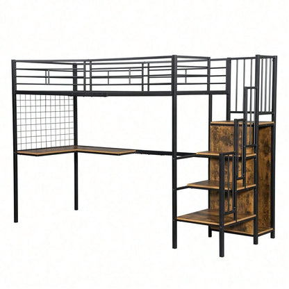 Eisenbett, Etagenbett, Hochbett, Geeignet für Kinder und Jugendliche, mit Tisch und Kleiderschrank, Seitenleiter mit Handlauf, Eisen+Spanplatte, Schwarz+dunkle Holzfarbe, 90x200cm