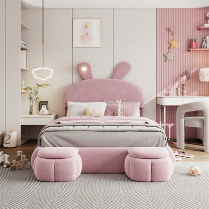 Polsterbett, Doppelbett, hydraulisches Bett, Hasenohren mit einstellbarer Helligkeit warmfarbenen Lichtstreifen, Stauraum unter dem Bett, zwei Aufbewahrungshockern, Samt, Rosa, 140x200cm