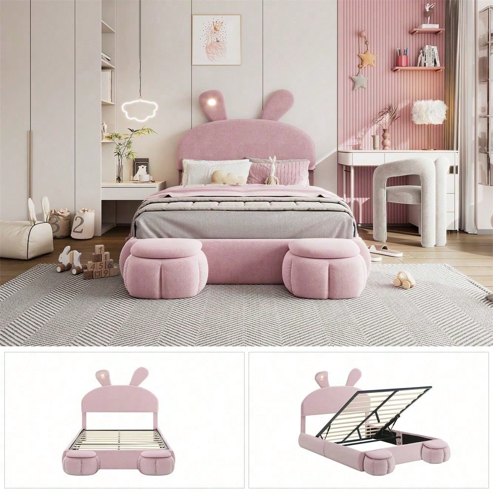 Polsterbett, Doppelbett, hydraulisches Bett, Hasenohren mit einstellbarer Helligkeit warmfarbenen Lichtstreifen, Stauraum unter dem Bett, zwei Aufbewahrungshockern, Samt, Rosa, 140x200cm