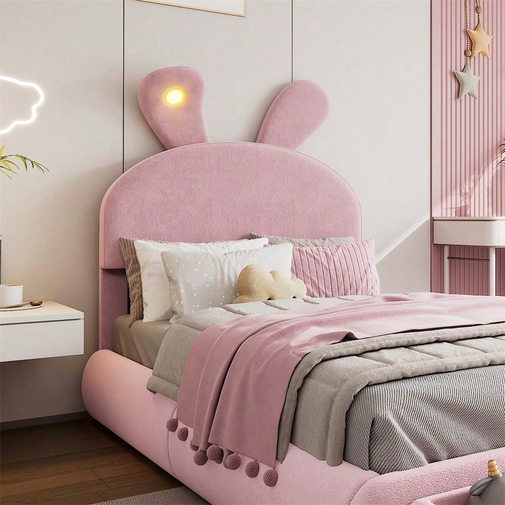 Polsterbett, Doppelbett, hydraulisches Bett, Hasenohren mit einstellbarer Helligkeit warmfarbenen Lichtstreifen, Stauraum unter dem Bett, zwei Aufbewahrungshockern, Samt, Rosa, 140x200cm