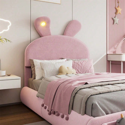 Polsterbett, Doppelbett, hydraulisches Bett, Hasenohren mit einstellbarer Helligkeit warmfarbenen Lichtstreifen, Stauraum unter dem Bett, zwei Aufbewahrungshockern, Samt, Rosa, 140x200cm