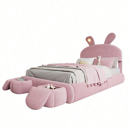Polsterbett, Doppelbett, hydraulisches Bett, Hasenohren mit einstellbarer Helligkeit warmfarbenen Lichtstreifen, Stauraum unter dem Bett, zwei Aufbewahrungshockern, Samt, Rosa, 140x200cm