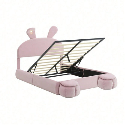 Polsterbett, Doppelbett, hydraulisches Bett, Hasenohren mit einstellbarer Helligkeit warmfarbenen Lichtstreifen, Stauraum unter dem Bett, zwei Aufbewahrungshockern, Samt, Rosa, 140x200cm