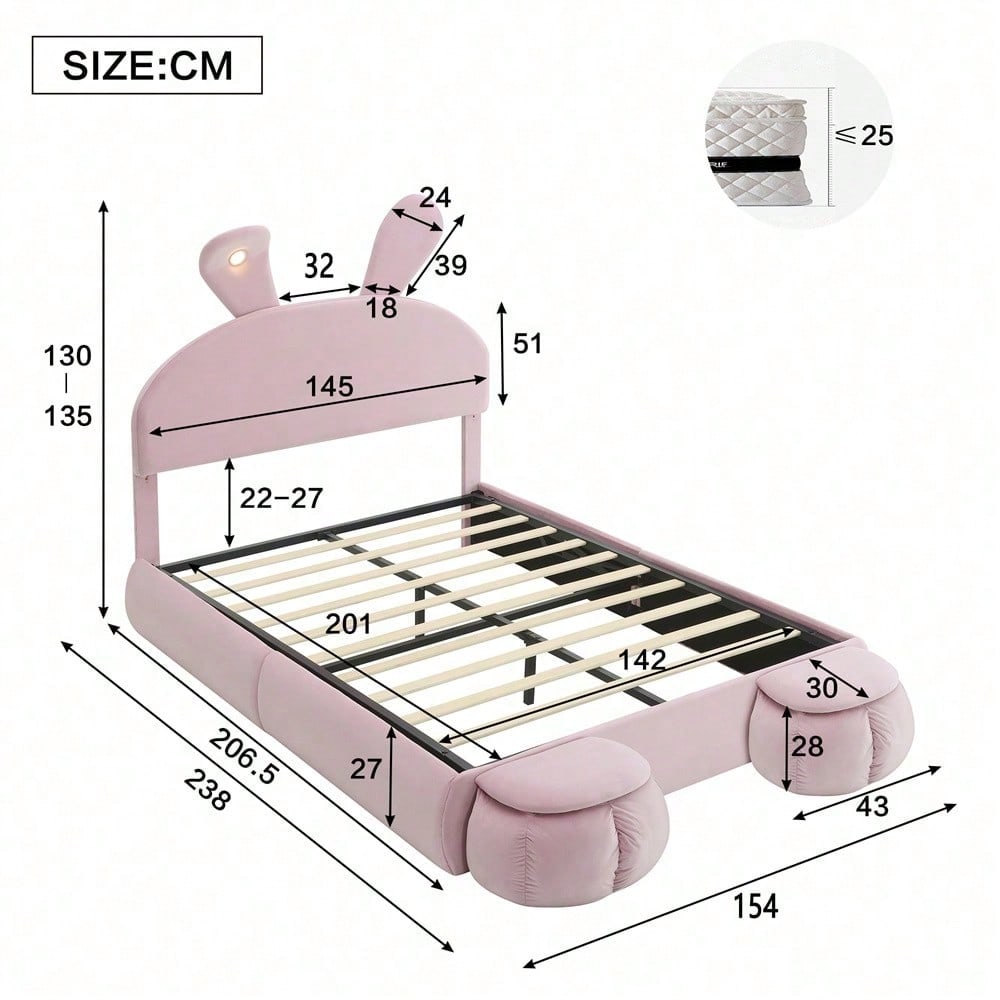 Polsterbett, Doppelbett, hydraulisches Bett, Hasenohren mit einstellbarer Helligkeit warmfarbenen Lichtstreifen, Stauraum unter dem Bett, zwei Aufbewahrungshockern, Samt, Rosa, 140x200cm