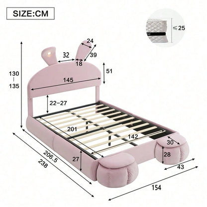 Polsterbett, Doppelbett, hydraulisches Bett, Hasenohren mit einstellbarer Helligkeit warmfarbenen Lichtstreifen, Stauraum unter dem Bett, zwei Aufbewahrungshockern, Samt, Rosa, 140x200cm
