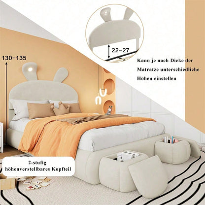 Polsterbett, Doppelbett, hydraulisches Bett, Hasenohren mit einstellbarer Helligkeit warmfarbenen Lichtstreifen, Stauraum unter dem Bett, zwei Aufbewahrungshockern, Samt, Rosa, 140x200cm