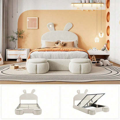 Polsterbett, Doppelbett, hydraulisches Bett, Hasenohren mit einstellbarer Helligkeit warmfarbenen Lichtstreifen, Stauraum unter dem Bett, zwei Aufbewahrungshockern, Samt, Rosa, 140x200cm