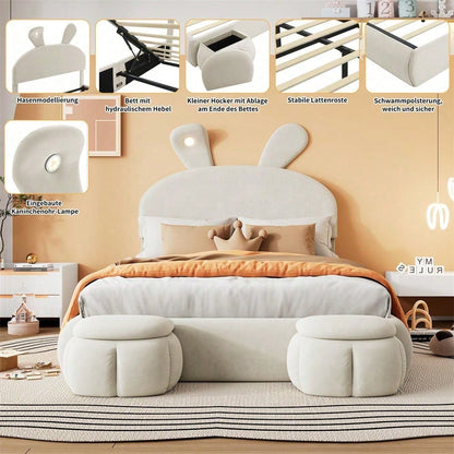 Polsterbett, Doppelbett, hydraulisches Bett, Hasenohren mit einstellbarer Helligkeit warmfarbenen Lichtstreifen, Stauraum unter dem Bett, zwei Aufbewahrungshockern, Samt, Rosa, 140x200cm