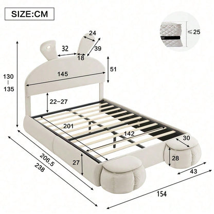 Polsterbett, Doppelbett, hydraulisches Bett, Hasenohren mit einstellbarer Helligkeit warmfarbenen Lichtstreifen, Stauraum unter dem Bett, zwei Aufbewahrungshockern, Samt, Rosa, 140x200cm