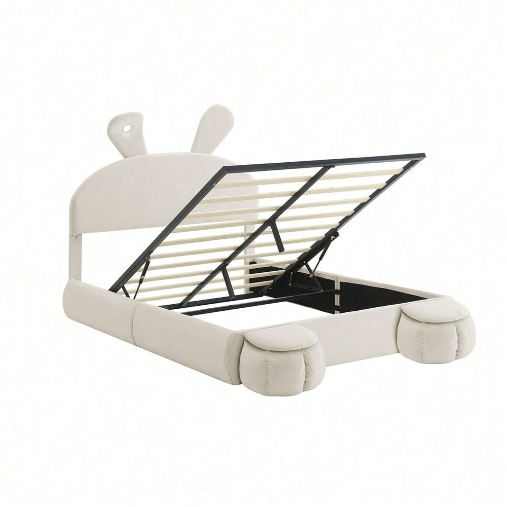Polsterbett, Doppelbett, hydraulisches Bett, Hasenohren mit einstellbarer Helligkeit warmfarbenen Lichtstreifen, Stauraum unter dem Bett, zwei Aufbewahrungshockern, Samt, Rosa, 140x200cm