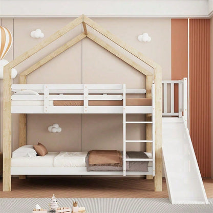 Etagenbett mit Rutsche und dreistufiger Winkelaufstiegsleiter, Hausbett mit mit Absturzsicherung, Kinderbett, Bettrahmen aus Massivholz, Weiß+Natur, 90x200cm