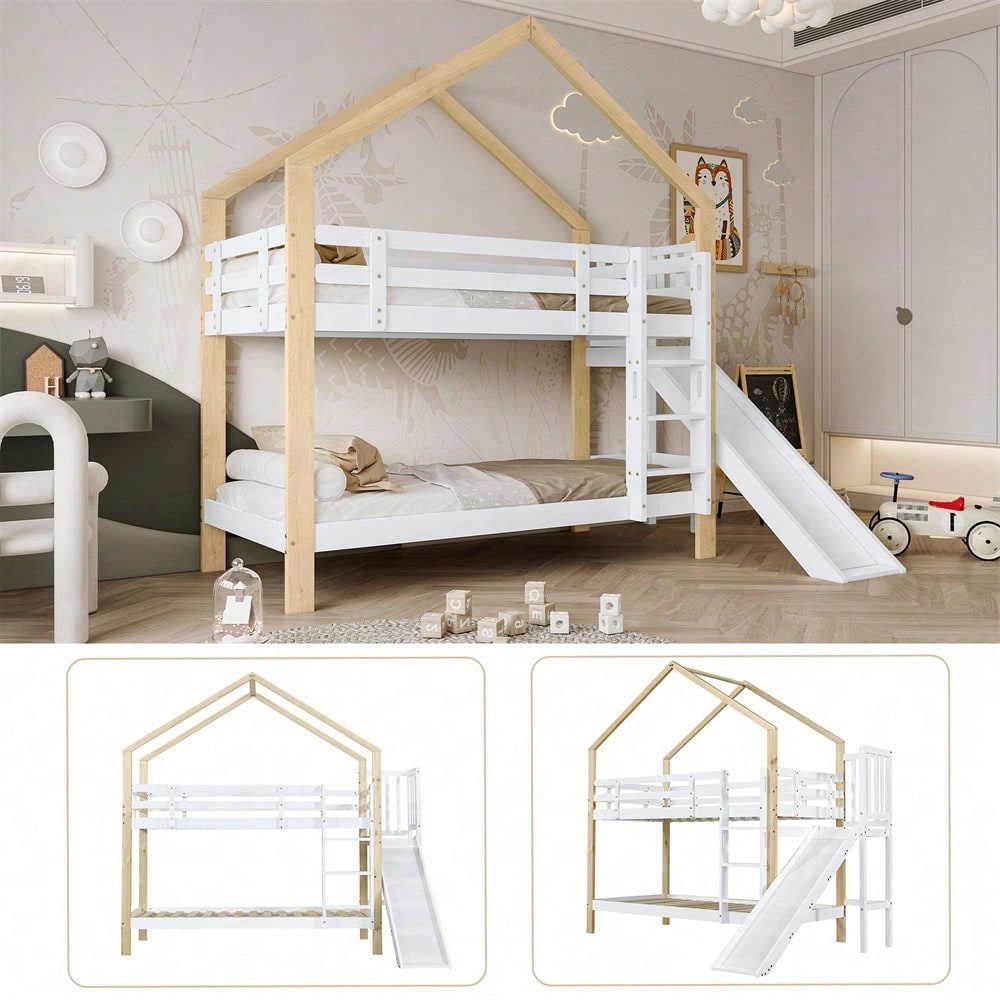 Etagenbett mit Rutsche und dreistufiger Winkelaufstiegsleiter, Hausbett mit mit Absturzsicherung, Kinderbett, Bettrahmen aus Massivholz, Weiß+Natur, 90x200cm