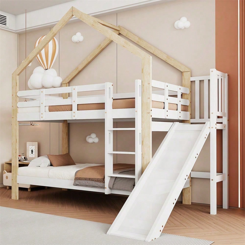 Etagenbett mit Rutsche und dreistufiger Winkelaufstiegsleiter, Hausbett mit mit Absturzsicherung, Kinderbett, Bettrahmen aus Massivholz, Weiß+Natur, 90x200cm
