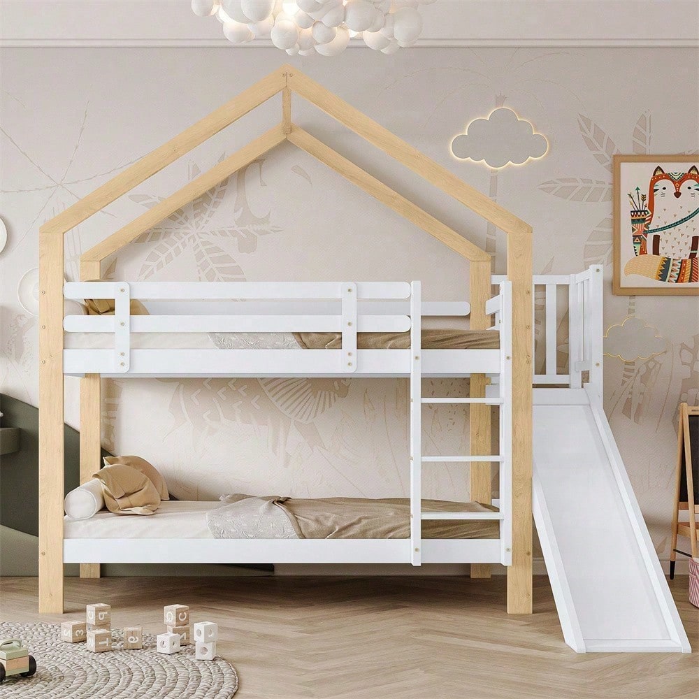 Etagenbett mit Rutsche und dreistufiger Winkelaufstiegsleiter, Hausbett mit mit Absturzsicherung, Kinderbett, Bettrahmen aus Massivholz, Weiß+Natur, 90x200cm
