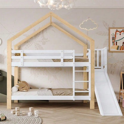 Etagenbett mit Rutsche und dreistufiger Winkelaufstiegsleiter, Hausbett mit mit Absturzsicherung, Kinderbett, Bettrahmen aus Massivholz, Weiß+Natur, 90x200cm